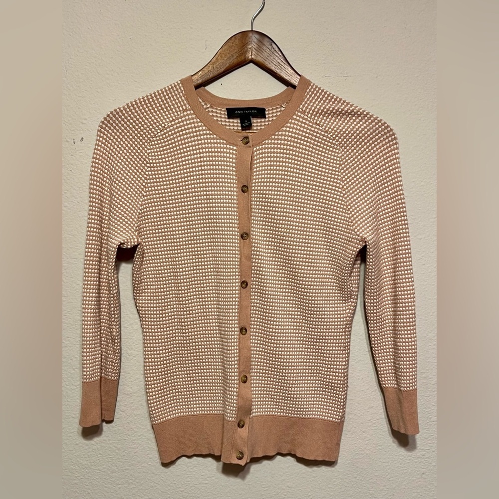 Ann Taylor Pink & White Knit Button-Up Cardigan